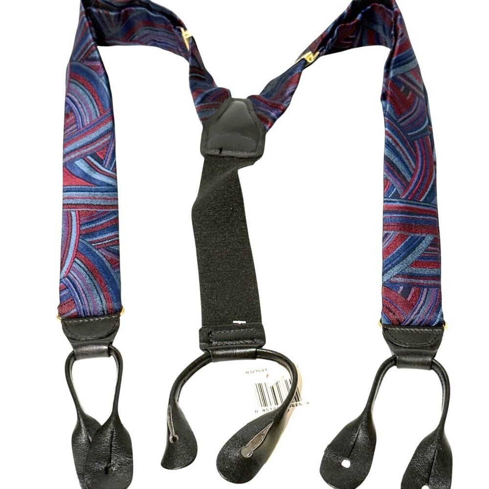 Vtg CAS Germany Black Leather Button Suspenders Blue Burgundyn Wave Lines NWT